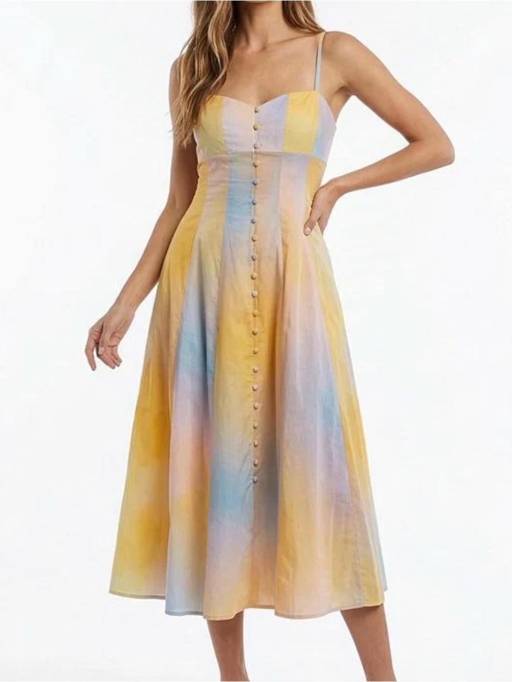 Taylor Pastel Yellow & Blue Button-Front Midi Dress
